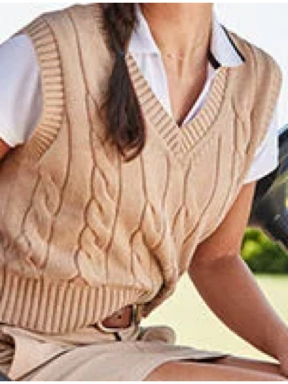 Walter Hagen Beige Cable-Knit V-Neck Sleeveless Sweater Vest